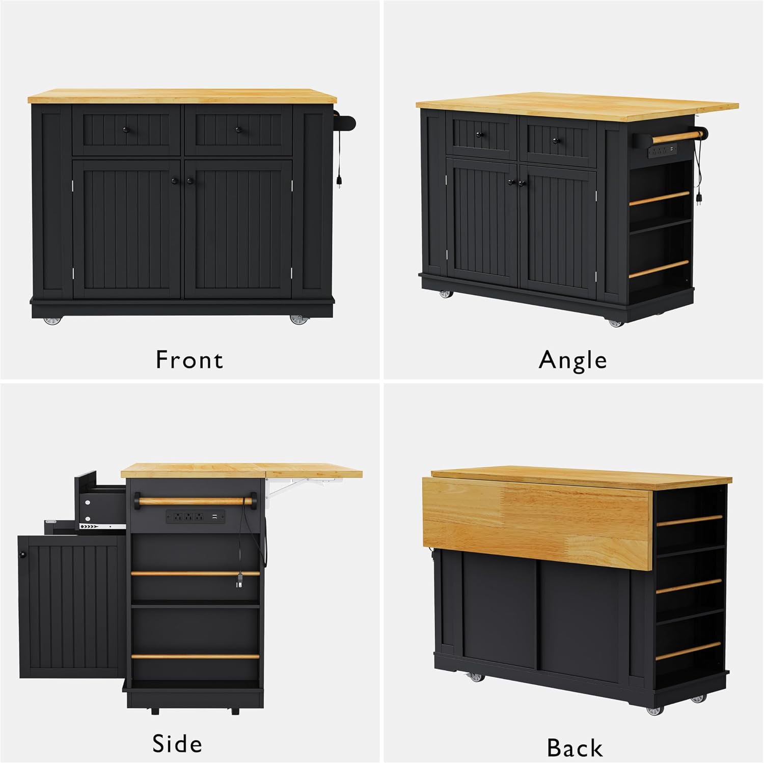 48 Inch Rolling Kitchen Island Storage Cart on 5 Wheels with Drop Leaf, Power Outlet, Door Internal Storage Rack, 5 Open Side Racks, 2 Drawers for Dining Room, Home Bar, Black