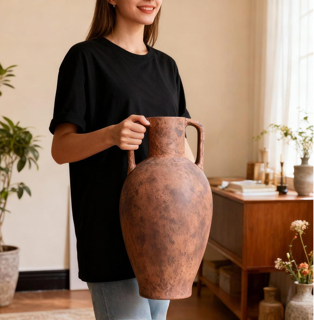 Tall Terracotta Vase，Distressed Terracotta Flower Vase with Handles for Living Room Bedroom Hotel Office Decor 20.08 in（51cm）