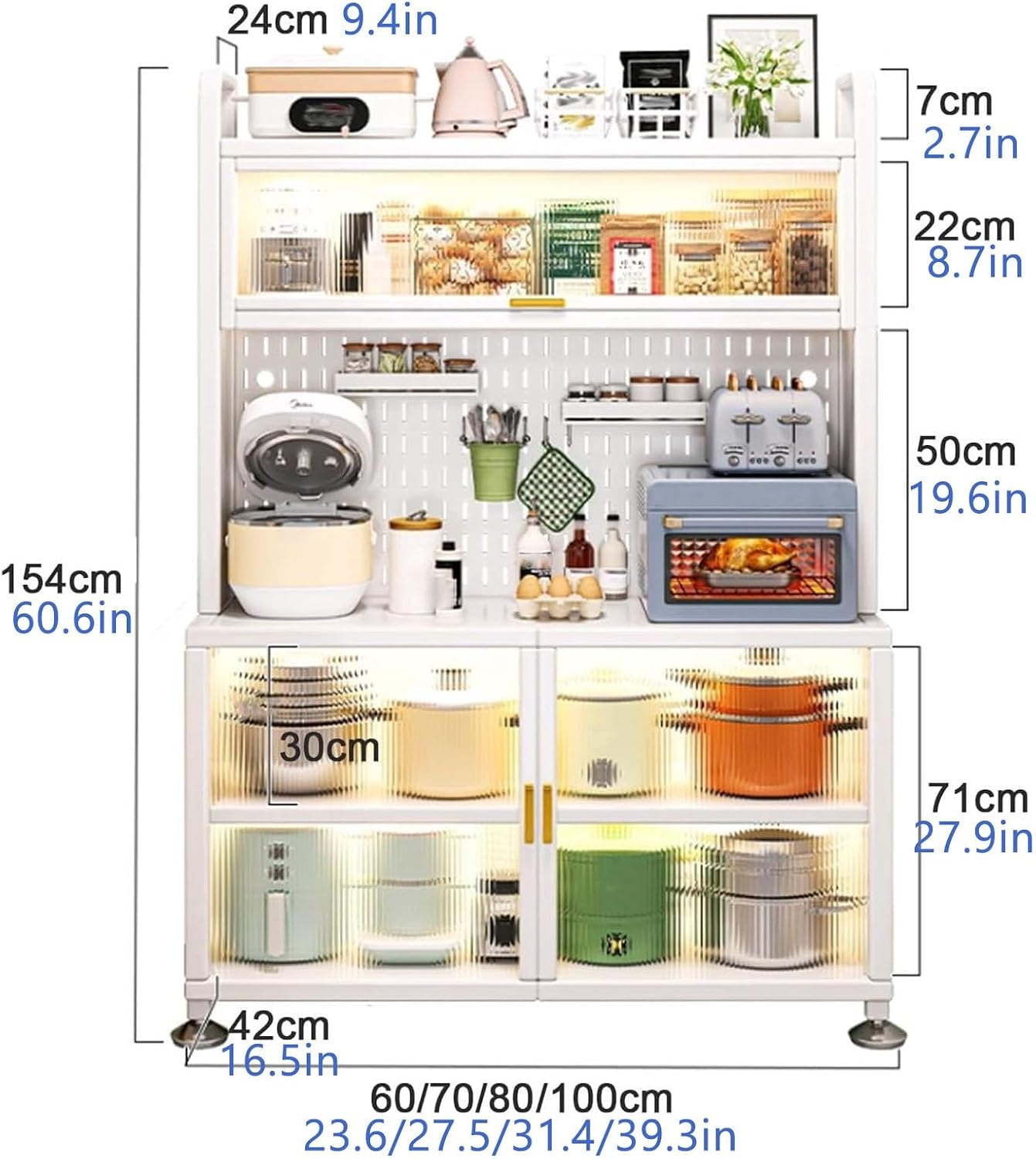 JKGHK 5-Tier Kitchen Baker's Rack, Microwave Stand with Flip Door Cabinet, Kitchen Hutch Storage Cabinets with Pegboard, Sideboard Buffet Cabinet for Garage Pantry Home(White,80cm/31.4in)