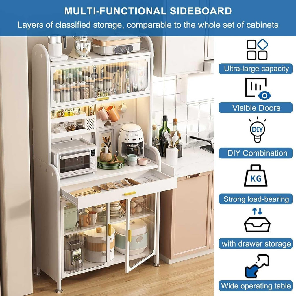 White 5 Tier Tall Kitchen Bakers Rack with Drawer and Adjustable Shelf Multifunctional Microwave Stand Buffet Coffee Bar Cabinet for Kitchen Pantry Storage(White,179x60cm/70x23.6in)