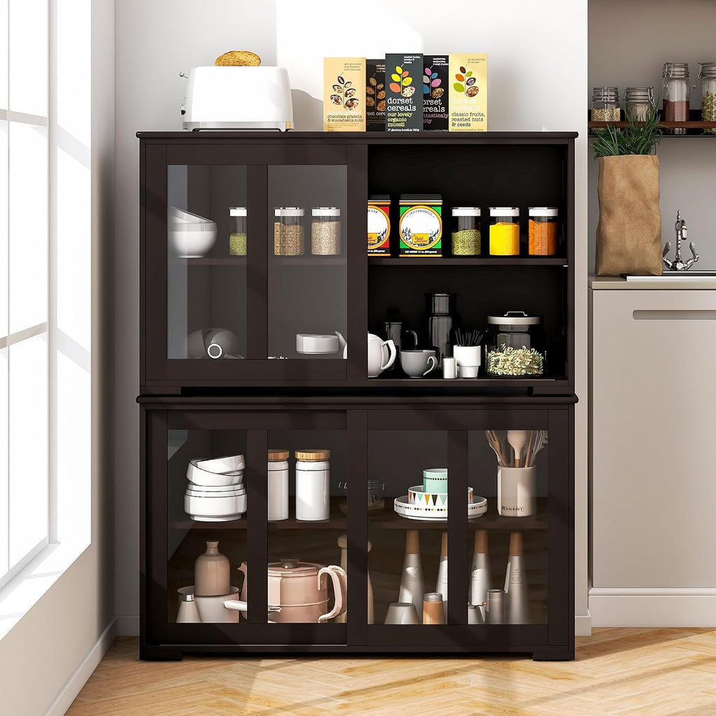 COSTWAY Buffet Sideboard with Storage, 2-Door Floor Cupboard with Sliding Tempered Glass Cabinet & Adjustable Shelf, Stackable Storage Cabinet for Kitchen, Entryway, Brown (2)