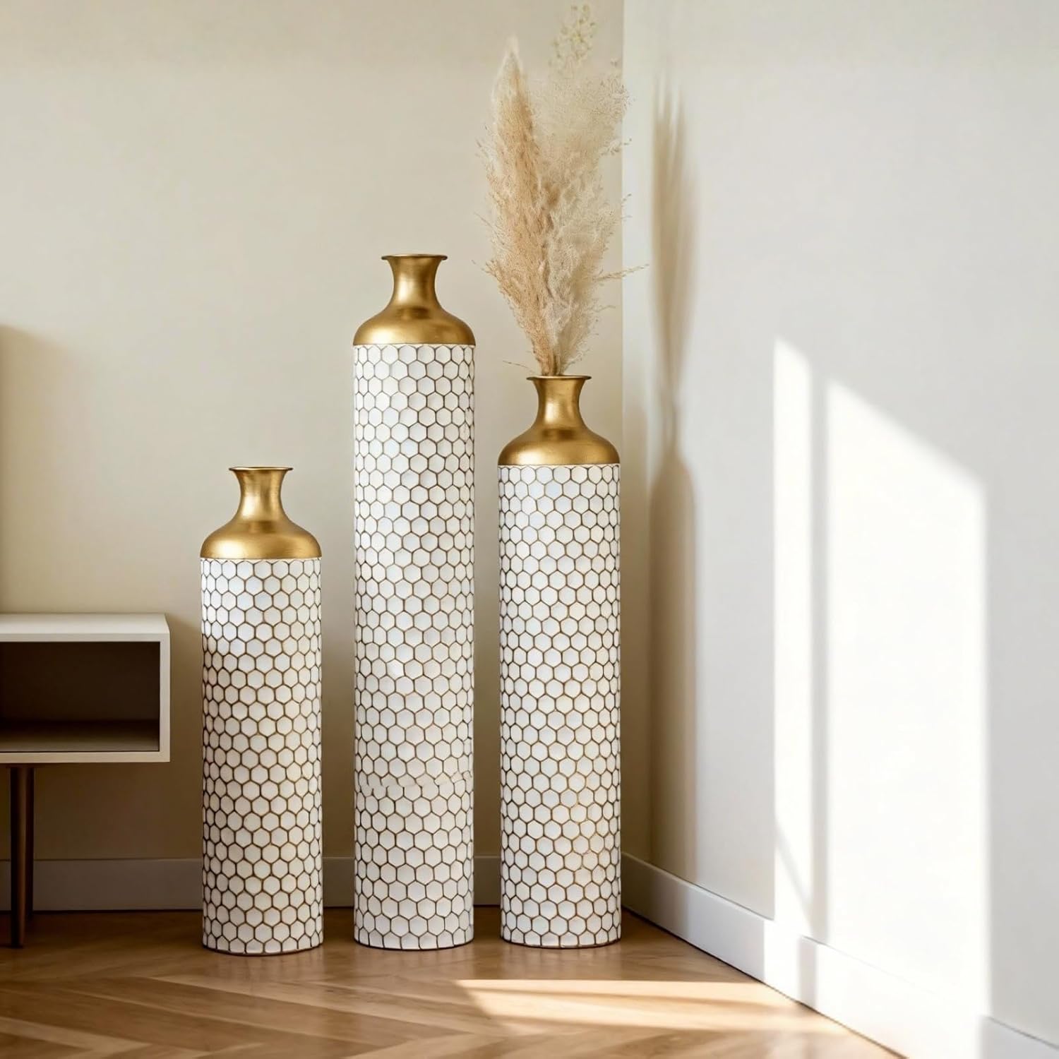 Modern White Droplet Floor Vase Set of 3 - Large Glazed Metal Floor Vases for Home Decor, Living Room & Entryway Decorations (White - 33.4'/ 28.7'/ 24.4' Height)