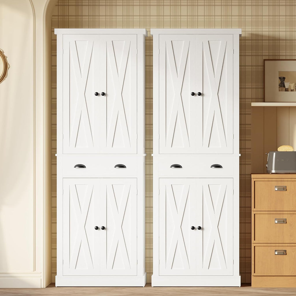 IRONCK Kitchen Pantry Storage Cabinet 72.6' H x 24' W, with Barn Doors, Drawer, 4 Adjustable Shelves, Freestanding Cupboard, Laundry, White