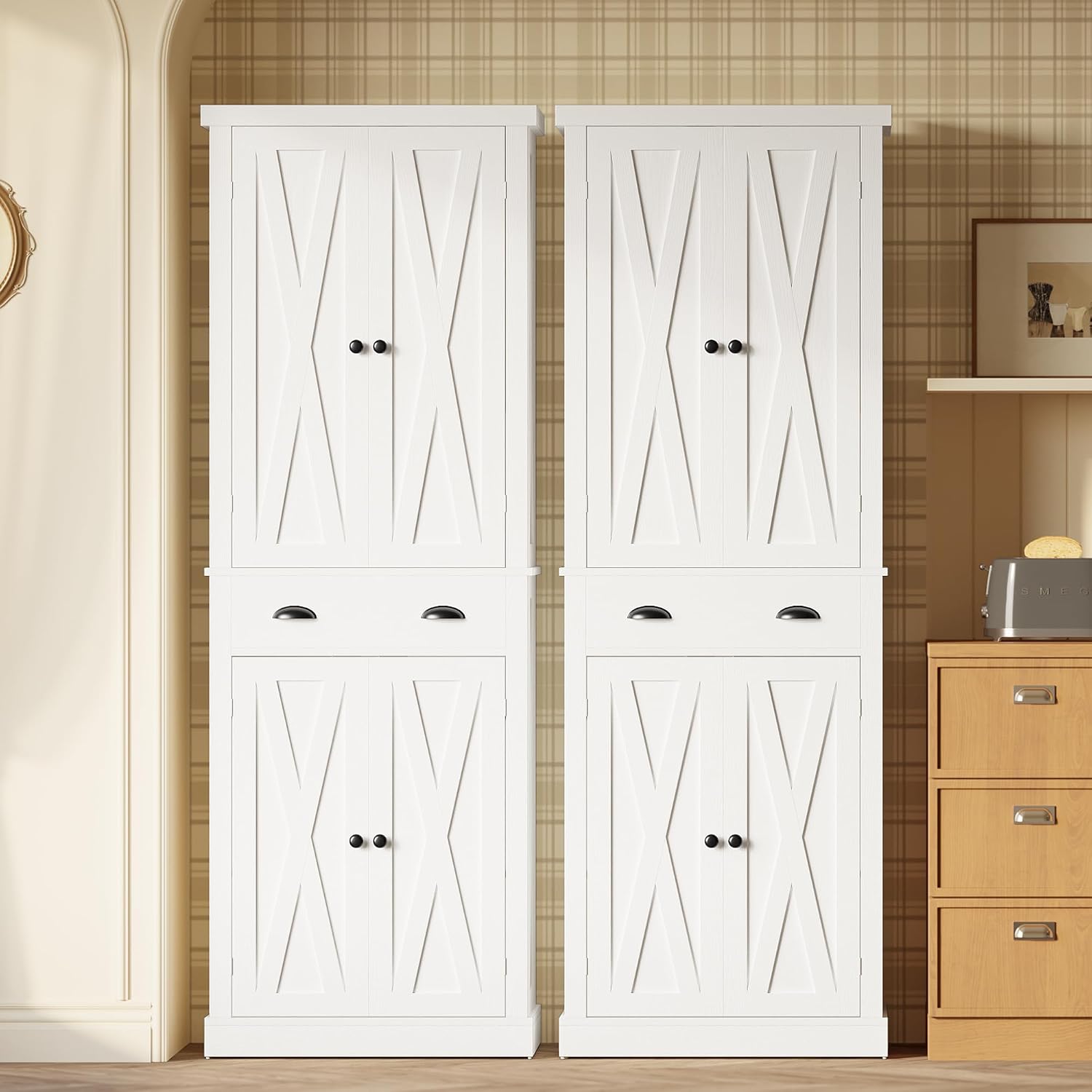IRONCK Kitchen Pantry Storage Cabinet 72.6' H x 24' W, with Barn Doors, Drawer, 4 Adjustable Shelves, Freestanding Cupboard, Laundry, White