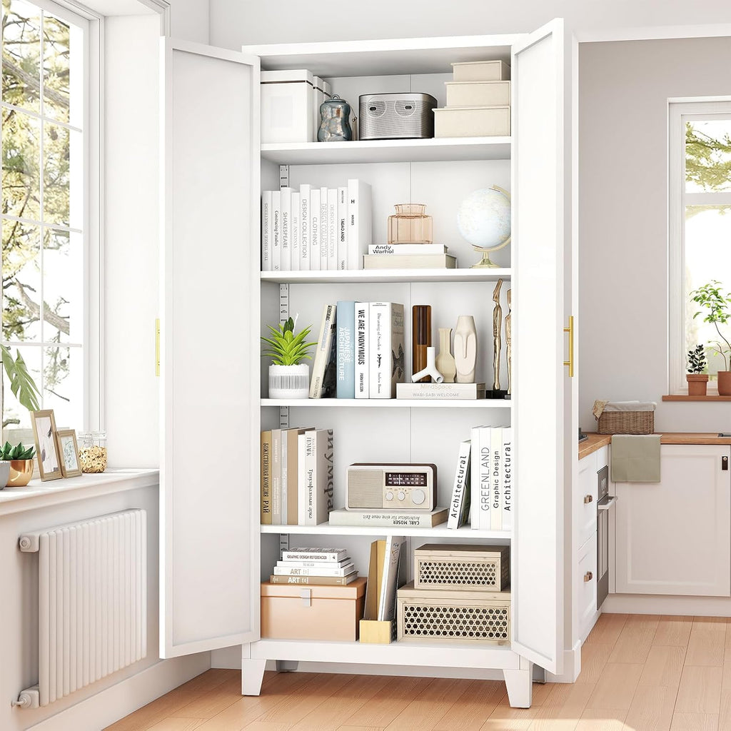 Zevemomo 71'' Tall Metal Pantry Cabinet with 2 Doors, Freestanding Kitchen Storage Cabinet with 4 Adjustable Shelves, Steel Cupboard for Kitchen, Pantry, Dining Room, Living Room, Bathroom, White