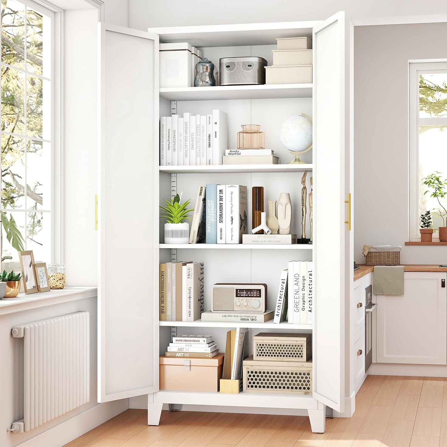 Zevemomo 71'' Tall Metal Pantry Cabinet with 2 Doors, Freestanding Kitchen Storage Cabinet with 4 Adjustable Shelves, Steel Cupboard for Kitchen, Pantry, Dining Room, Living Room, Bathroom, White