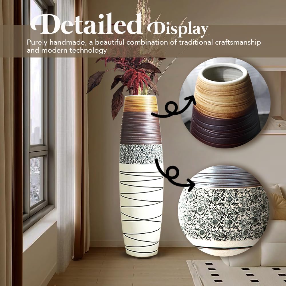 Tall Floor Vase 32 inches, Handmade Large Ceramic Rustic Vases for Home Decor Living Room, Boho Textured Decorative Vases Wide Mouth Opening Corner Vase for Pampas Grass