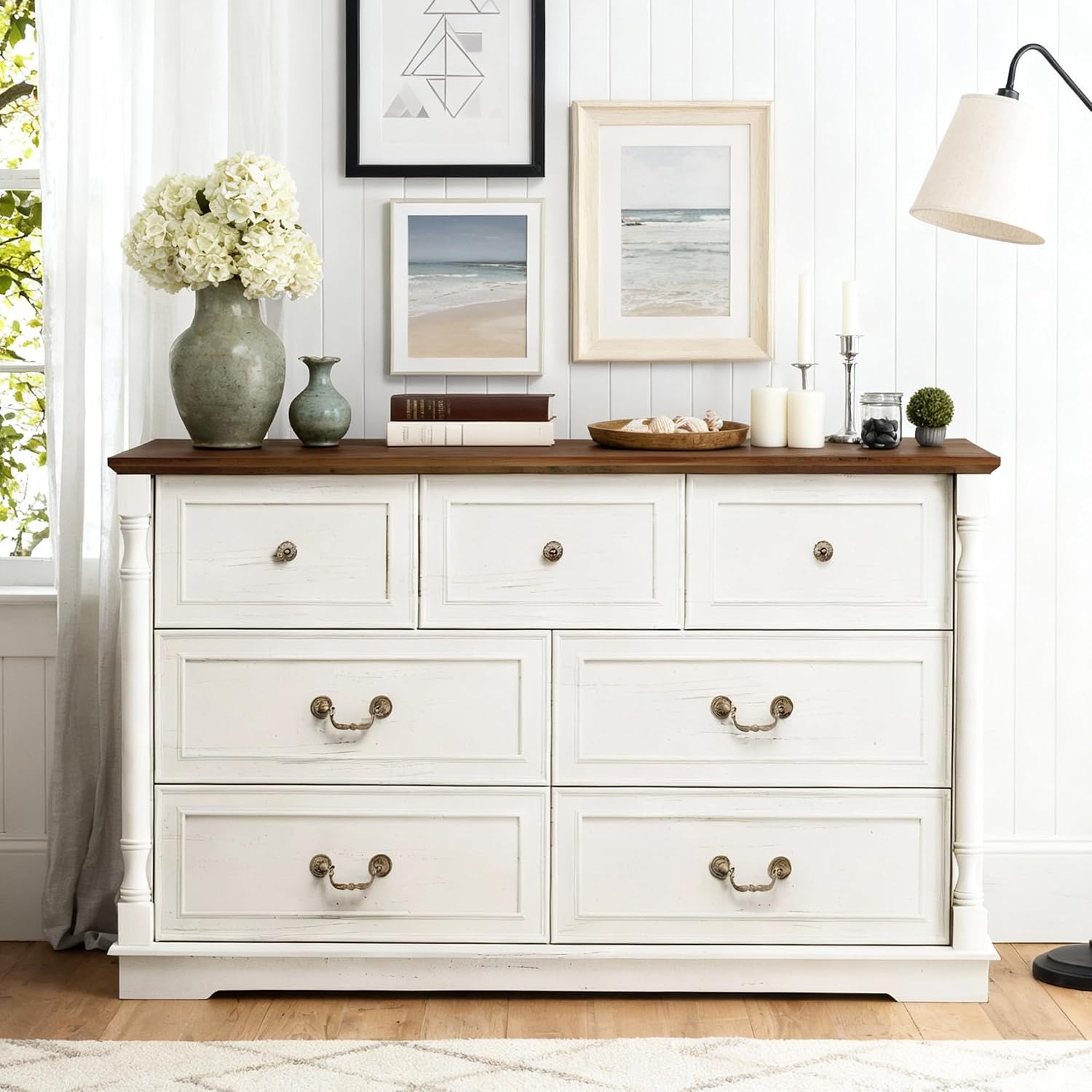 Pamapic Farmhouse Dresser with 7 Drawers, 52' Wide Rustic Chest of Drawers with Natural Texture & Retro Handles, White Vintage Storage Dresser TV Stand for Bedroom, Living Room, Antique White
