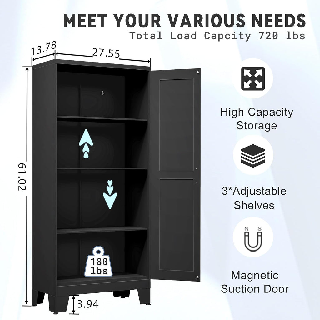 GAIOUS 61.02' Kitchen Pantry Cabinet, Pantry Storage Cabinet with 2 Doors and Adjustable Shelves, Black Food Storage for Kitchen, Living Room, Bedroom and Dining Room (Black) Metal Sideboard