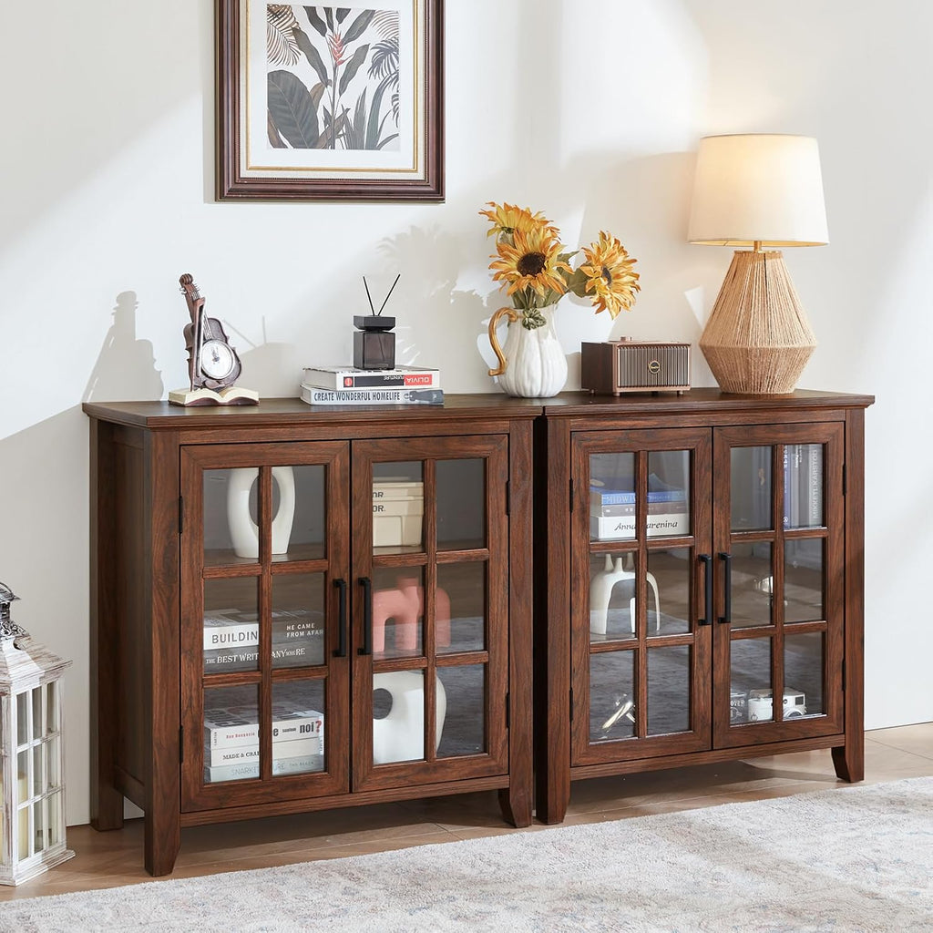 Large Sideboard Buffet Cabinet with Storage, 32' Farmhouse Brown Kitchen Coffee Wine Bar Cabinet with 2 Glass Doors, Wood Mid Century Modern Side Board Table for Dining Room, Living Room (3PCS)