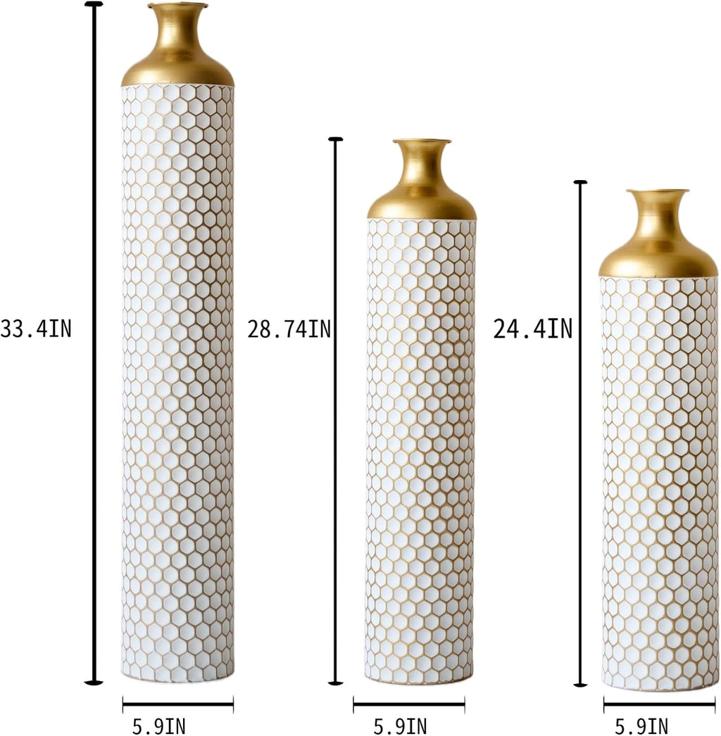 Elegant 3-Piece Set Floor Metal Vase - Modern White & Gold Droplet Shaped Design for Stunning Home Décor - Large Glazed Metal Vases Perfect for Any Space
