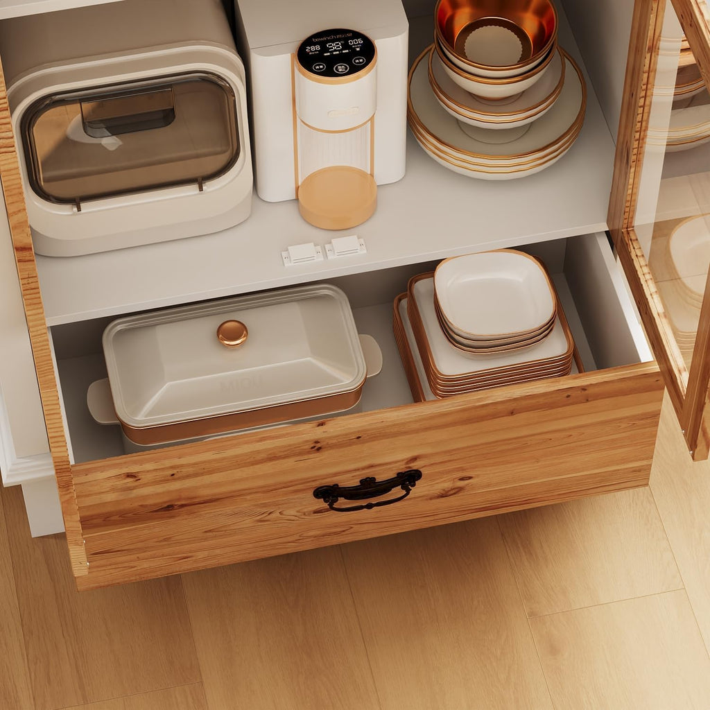 FUFU&GAGA 70.9' Tall Kitchen Pantry with Glass Doors & Drawer, Vintage Display Storage Cabinet with 3 Shelves, Buffet Cupboard for Kitchen, Living Room, Brown and White, 15.7'D x 31.5'W x 70.9'H