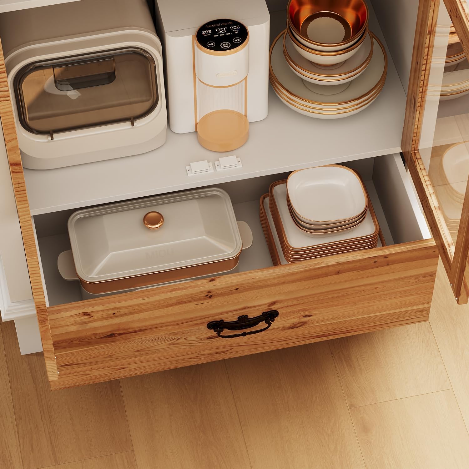 FUFU&GAGA 70.9' Tall Kitchen Pantry with Glass Doors & Drawer, Vintage Display Storage Cabinet with 3 Shelves, Buffet Cupboard for Kitchen, Living Room, Brown and White, 15.7'D x 31.5'W x 70.9'H