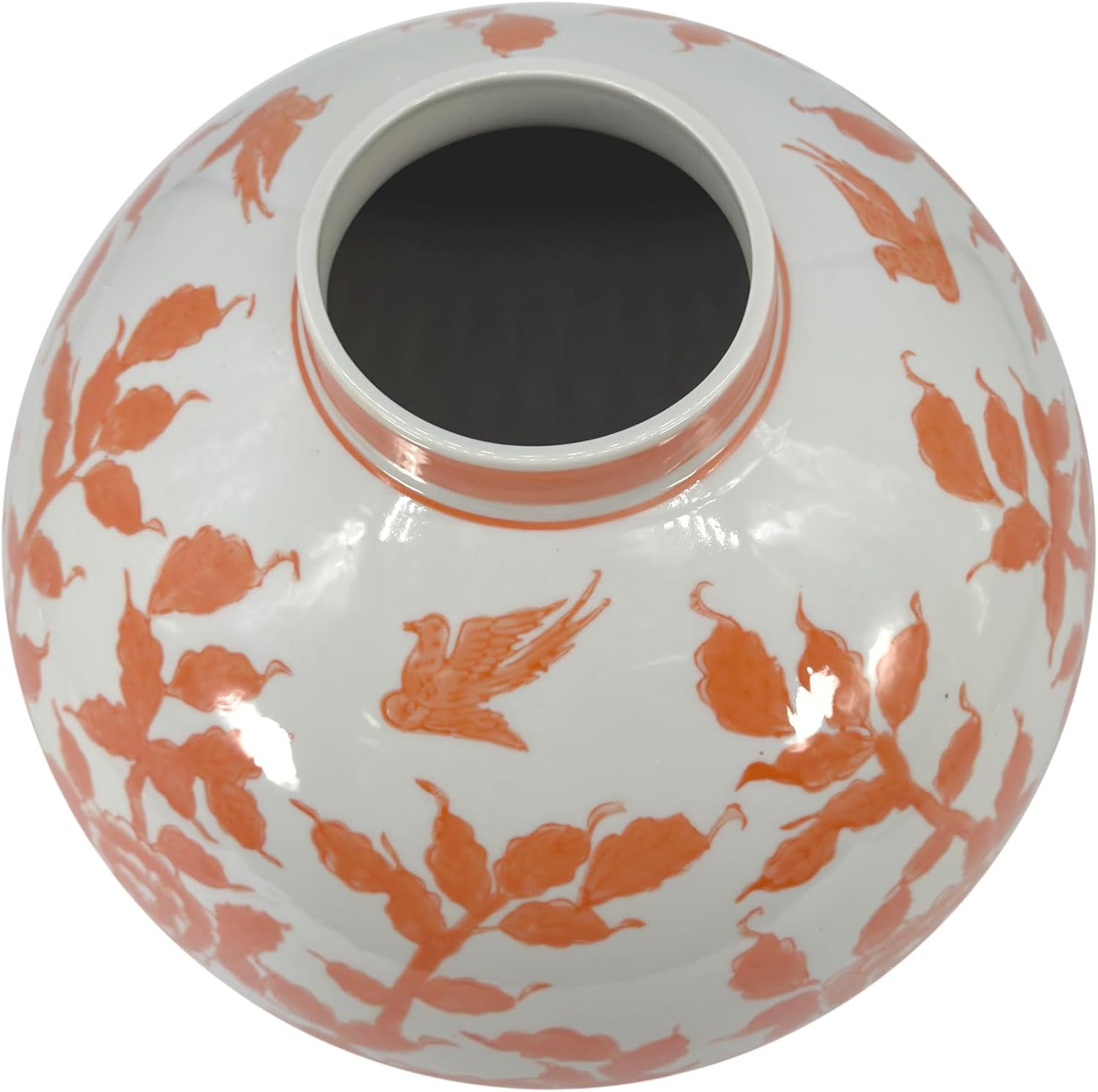 Galt International Orange & White Ceramic Floral Chinoiserie Globe Vase 12' Dia. - Round Bulb Shape Flower Vase Jar Classic Antique Home Decor
