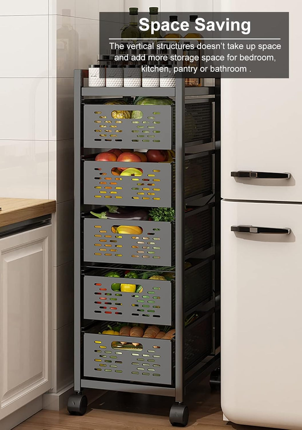 Kitchen Counter Baker's Rack with Drawers, Stackable Storage Fruit Vegetables Basket, Microwave Oven Coffee Machine Organizer Shelf, Black (Size : 4 Tier)