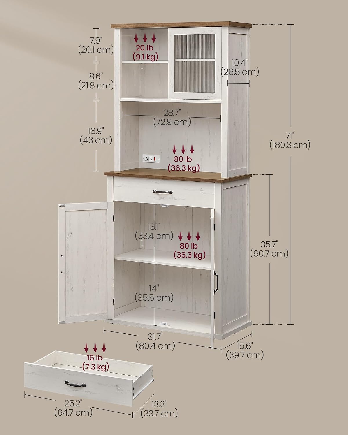 VASAGLE LIRY Collection - 71-Inch Tall Kitchen Pantry Cabinet with Lights and Charging Station, Coffee Bar Cabinet with Doors and Drawer, Farmhouse Style, Adjustable Shelves, Rustic White UBBK363W12