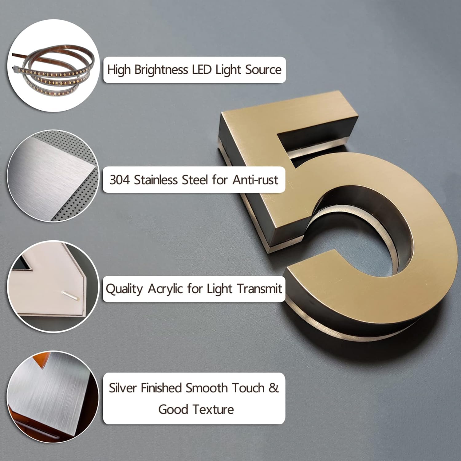 14' House Numbers Plaques With Lights, Modern Backlit LED Illuminated Address Numbers Plaques, Light Up House Address Numbers For Wall,6