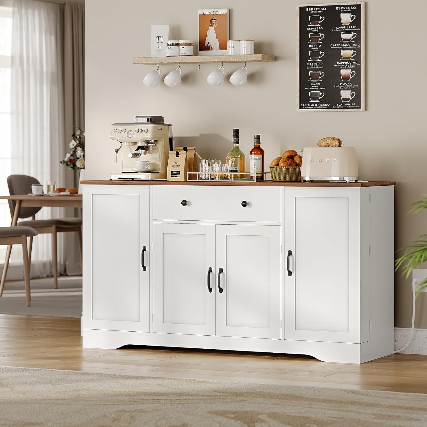 Brinlawb Buffet Cabinet with Storage & Charging Station, 53' Farmhouse Coffee Cabinet with Compartment Drawer, Sideboard Cabinets with Door and Adjustable Shelves for Kitchen, White