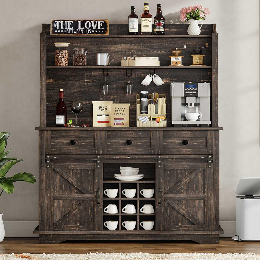 REVOMINCA 63 Inch Tall Coffee Bar Cabinet with 3-Tier, Kitchen Hutch with 3 Large Drawers, Farmhouse Coffee Bar with 9 Wine Racks & 3 Glass Holders, Wine Storage Cabinet for Living Dining Room, Oak