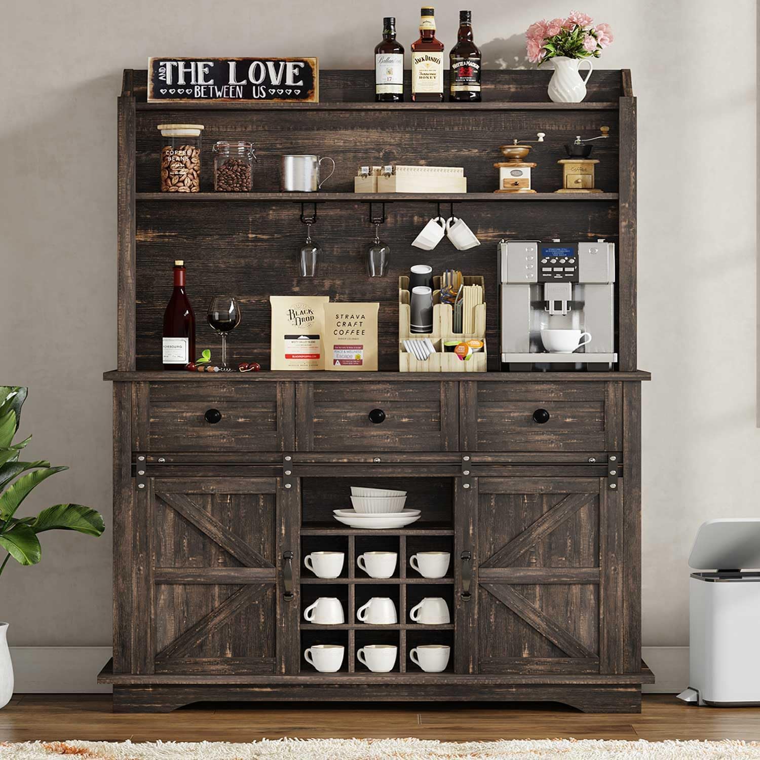 REVOMINCA 63 Inch Tall Coffee Bar Cabinet with 3-Tier, Kitchen Hutch with 3 Large Drawers, Farmhouse Coffee Bar with 9 Wine Racks & 3 Glass Holders, Wine Storage Cabinet for Living Dining Room, Oak