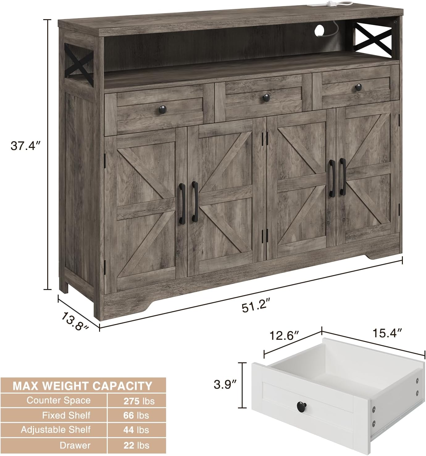 FiveWillowise 51' Farmhouse Buffet Sideboard with Storage, Kitchen Pantry Cabinet with Storage Drawers, Wood Cupboard Hutch, Coffee Bar Station Table for Kitchen, Living Room, Dining Room, Grey