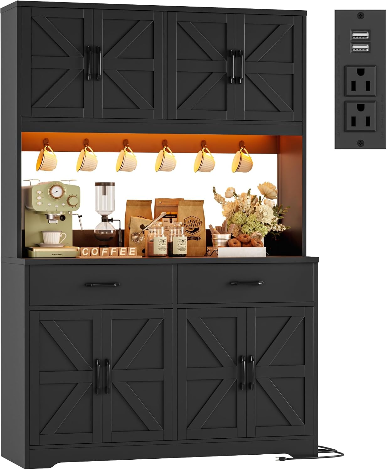 HIFIT 71' Tall Kitchen Pantry Cabinet with RGB LED and Charging Station, Farmhouse Coffee Bar Cabinet with Large Countertop and 6 Hooks, Kitchen Hutch Storage Cabinet, Black