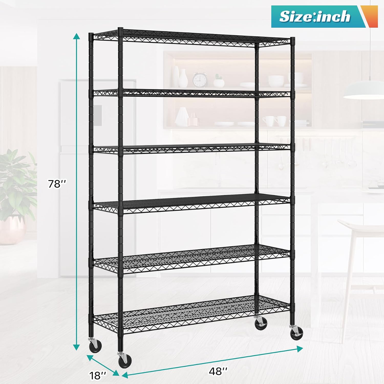 6 Tier Storage Shelves, Heavy Duty Storage Racks and Shelving Adjustable Metal Shelves, Steel Standing Shelf Units, 6000lbs Capacity, Wire Shelf for Warehouse, Garage, Black