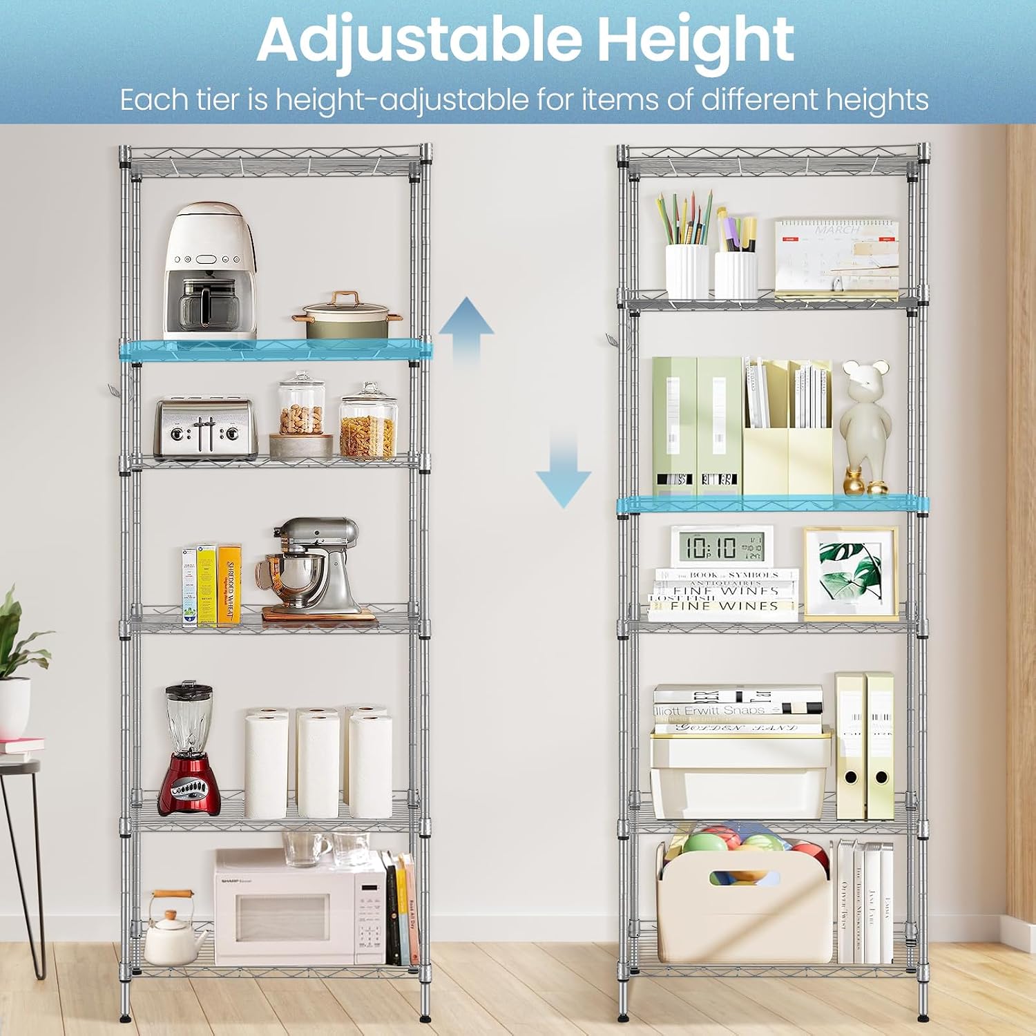 Himimi 6 Tier Storage Shelf Wire Shelving Unit Adjustable Rack Free Standing Organization with Leveling Feet, Stainless Side Hooks for Laundry Bathroom Kitchen Pantry Closet,2-Pack Shelves,Silver