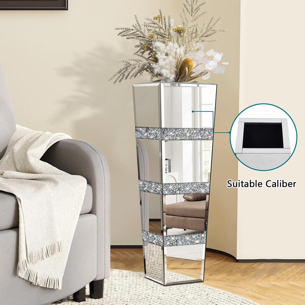 28' Tall Crushed Diamond Floor Vase, Silver Large Vases for Decor Living Room, Crystal Mirrored Home Decor Vases for Dried Flower