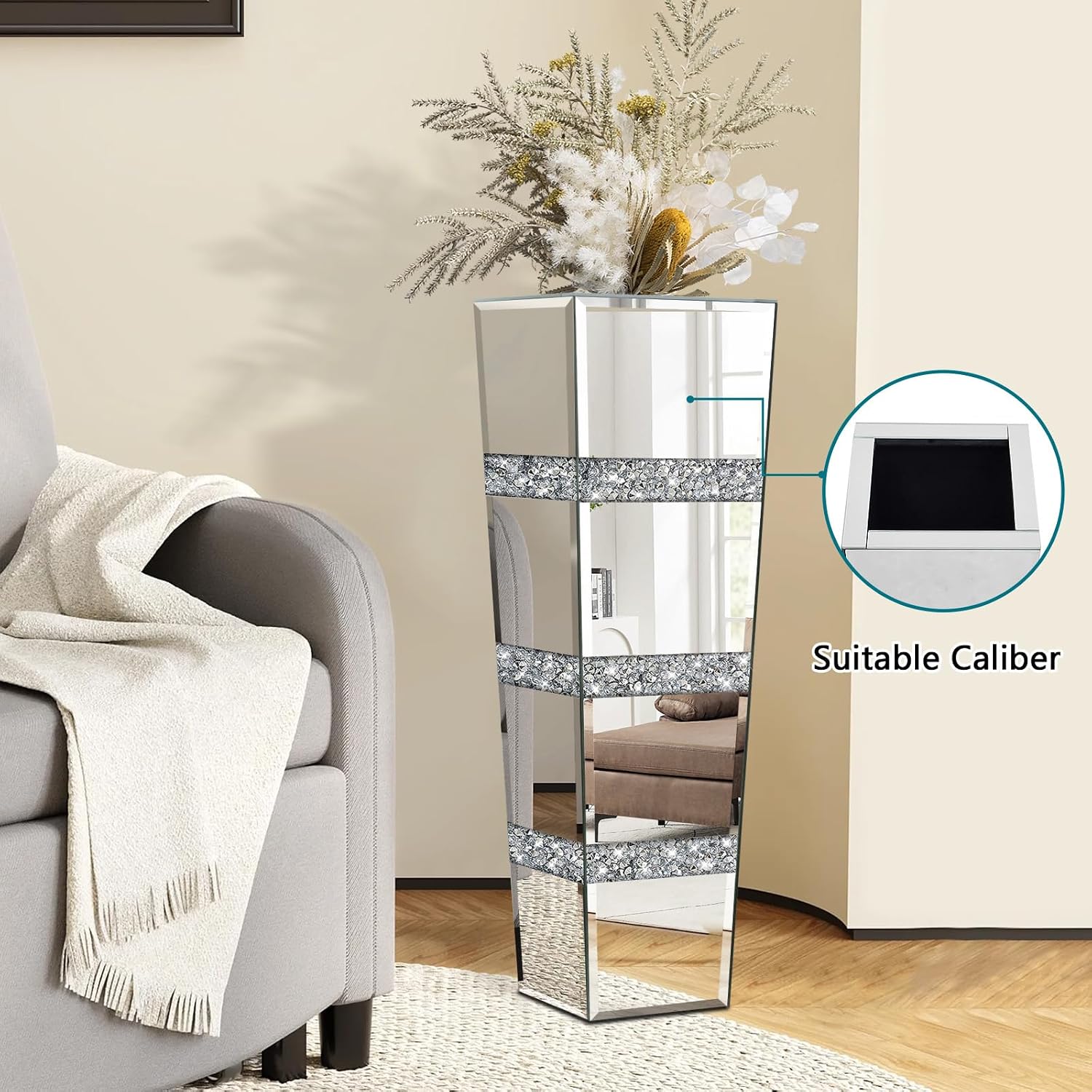 28' Tall Crushed Diamond Floor Vase, Silver Large Vases for Decor Living Room, Crystal Mirrored Home Decor Vases for Dried Flower
