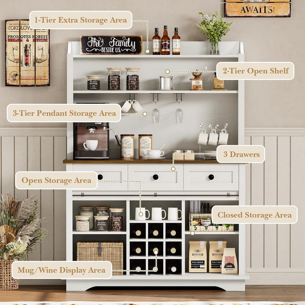 REVOMINCA 63 Inch Tall Coffee Bar Cabinet with 3-Tier, Kitchen Hutch with 3 Large Drawers, Farmhouse Coffee Bar with 9 Wine Racks & 3 Glass Holders, Wine Storage Cabinet for Living Dining Room, White