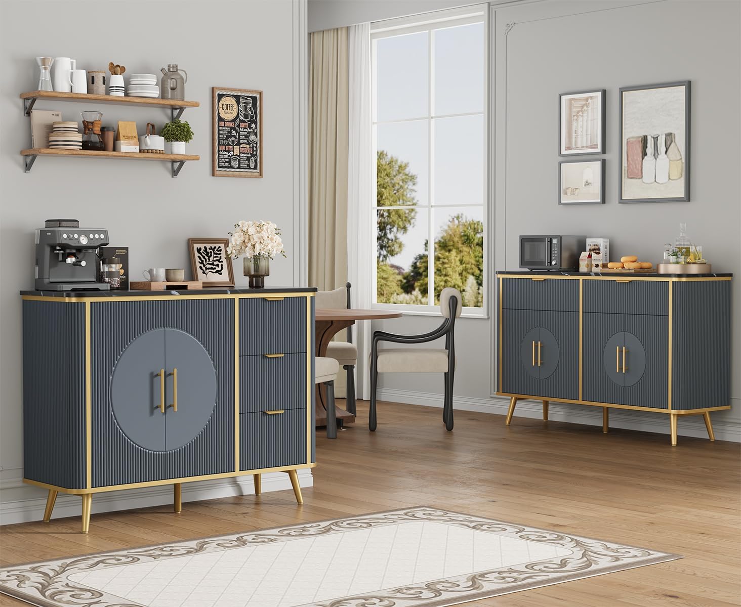 47.2' Buffet Storage Cabinet, Modern Fluted Coffee Bar Station with 2 Drawers & Adjustable Shelves, Kitchen Sideboard Buffet for Dining Room, Living Room, Hallway, Navy Blue