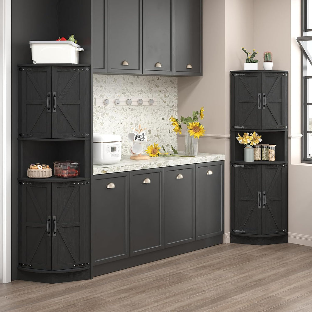 Vabches 64.8' Tall Farmhouse Corner Cabinet with 4 Doors and 5 Storage Shelves, Farmhouse Storage Cabinet with Barn Door Design, Home Space Saver for Living Room, Kitchen, Laundry Room,Black