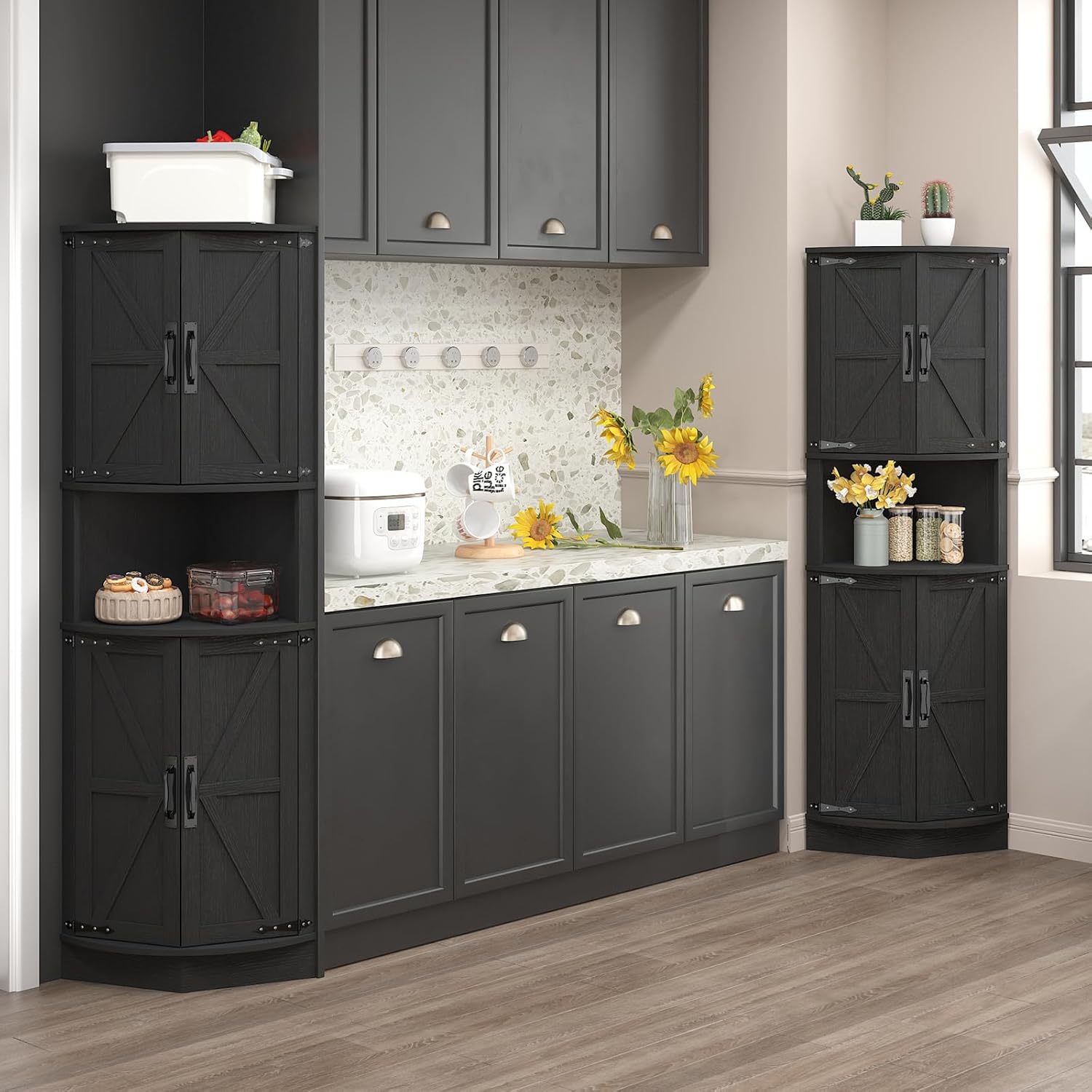 Vabches 64.8' Tall Farmhouse Corner Cabinet with 4 Doors and 5 Storage Shelves, Farmhouse Storage Cabinet with Barn Door Design, Home Space Saver for Living Room, Kitchen, Laundry Room,Black