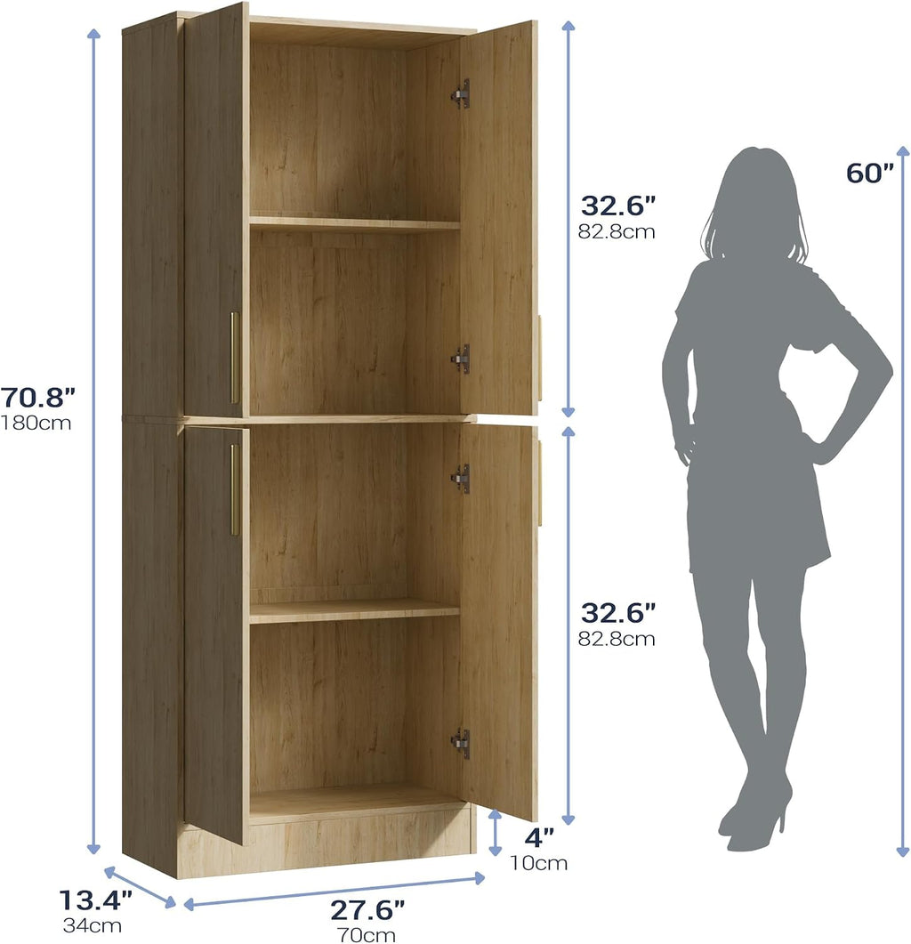 Housoul 71' Tall Pantry Cabinet with 4 Doors, Kitchen Pantry Storage Cabinet, Freestanding Larder Cupboard, Utility Kitchen Hutch with Gold Handles for Dining Room, Bathroom, Natural