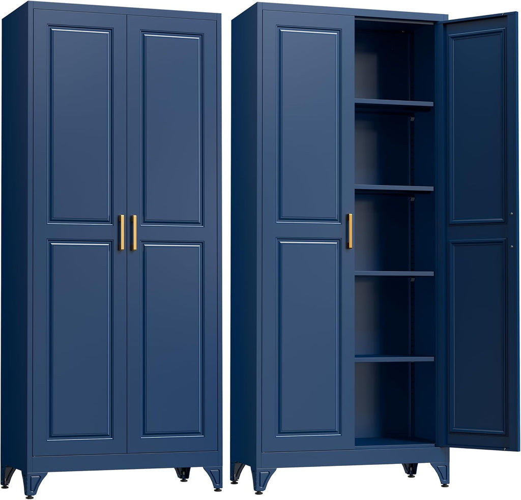 SteeLoong 75'Kitchen Pantry Cabinet,Blue Metal Storage Cabinets with Doors and 4 Adjustable Shelves,Kitchen Cabinet with 2 Gold Handles,Tall Cabinet for Livingroom,Pantry, Bathroom