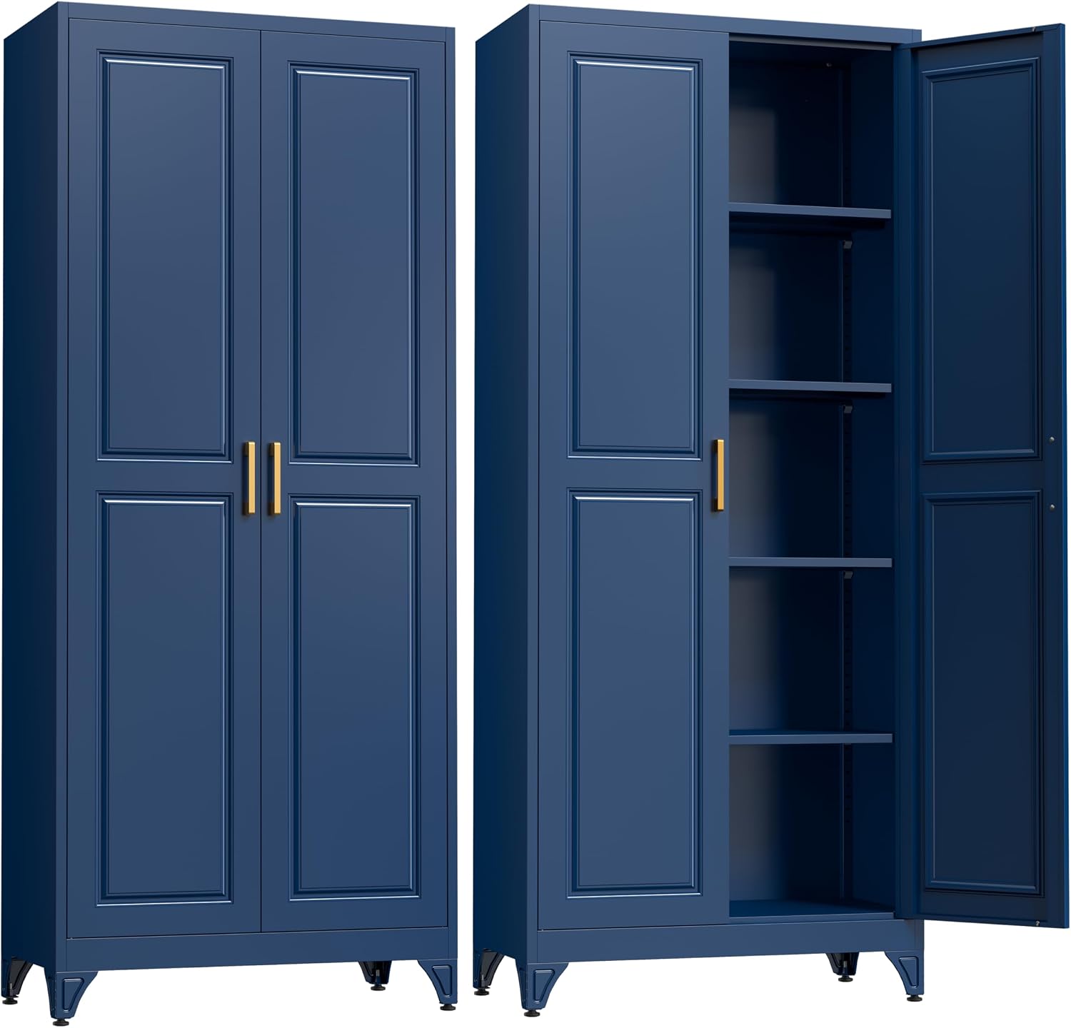 SteeLoong 75'Kitchen Pantry Cabinet,Blue Metal Storage Cabinets with Doors and 4 Adjustable Shelves,Kitchen Cabinet with 2 Gold Handles,Tall Cabinet for Livingroom,Pantry, Bathroom