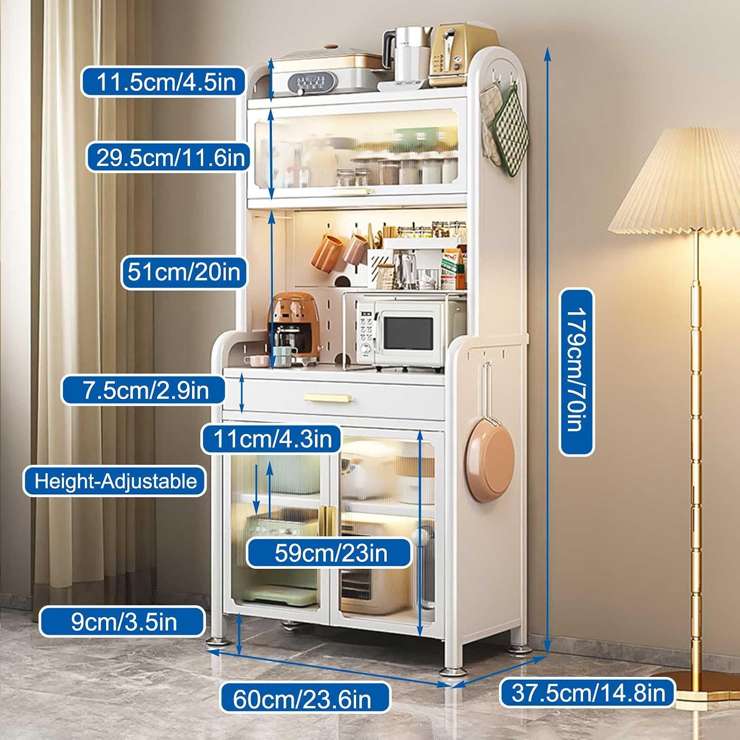 Adjustable 5 Tier Freestanding Kitchen Storage Rack with Drawer White Kitchen Shelf Organizer for Microwaves and Coffee Bar Station 70x23.6in