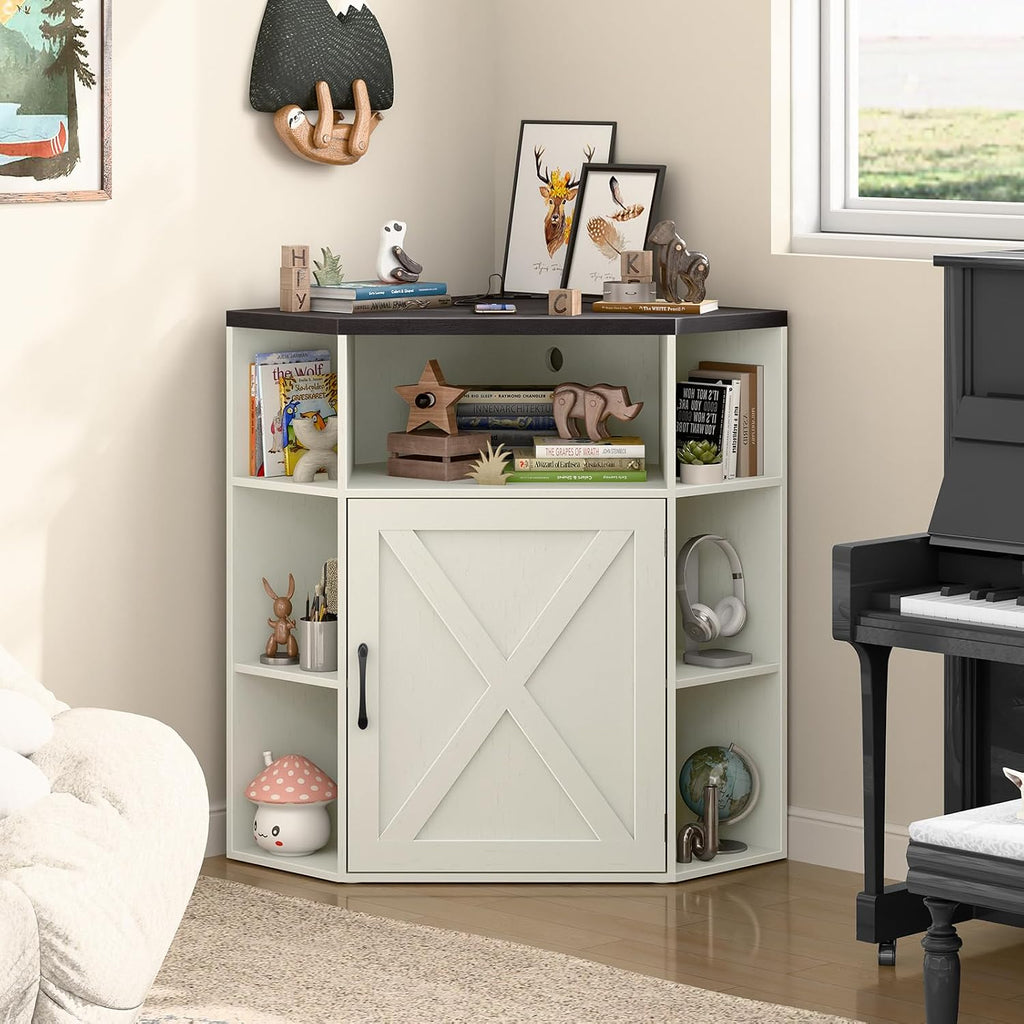 Vabches Corner Cabinet, Corner Storage Shelf with USB Ports and Outlets Industrial Organizer for Small Space Wooden 6-Cubby Bookshelf for Study, Playroom, Living Room (Rustic White and Black)
