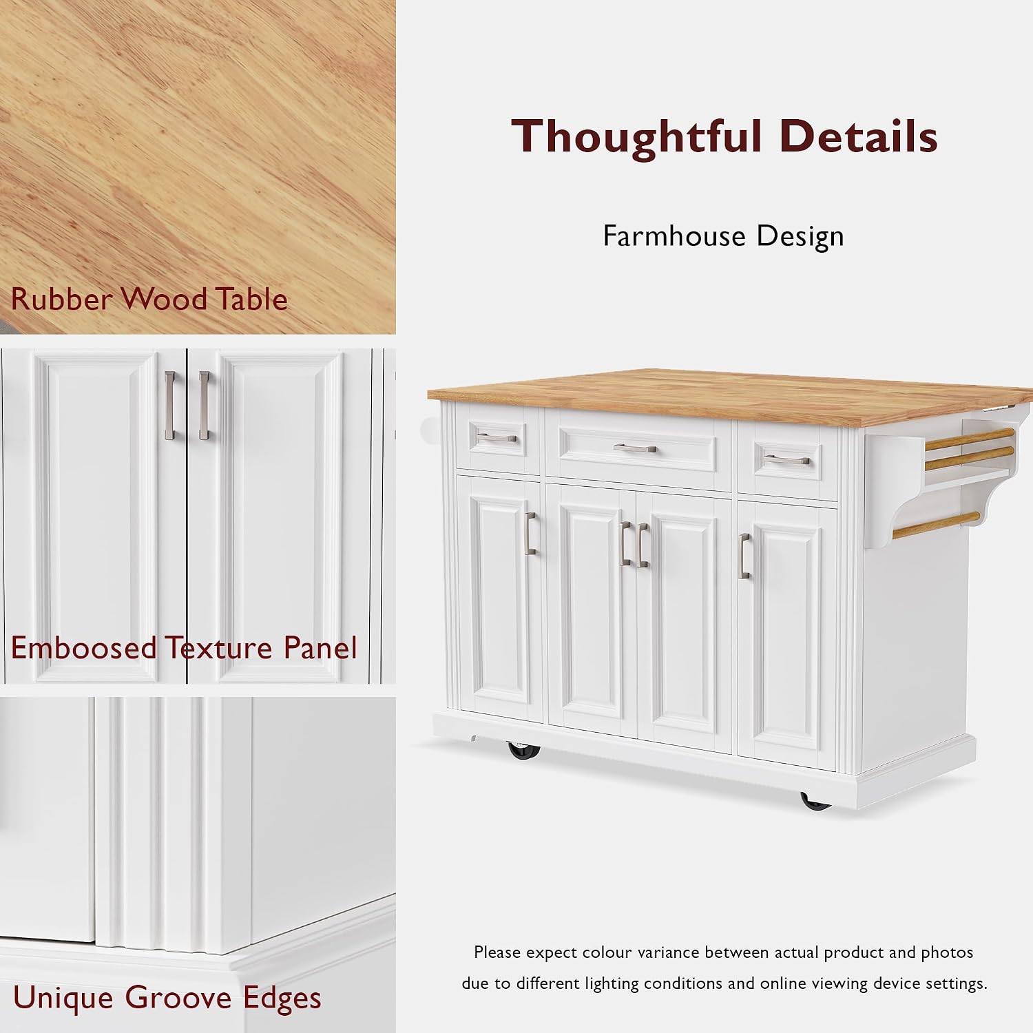 54' Rolling Storage Kitchen Island Cart on 4 Wheels with Drop Leaf, Embossed Texture, 4 Doors and 3 Drawers for Kitchen, Dining Room, White, Rubber Wood Top
