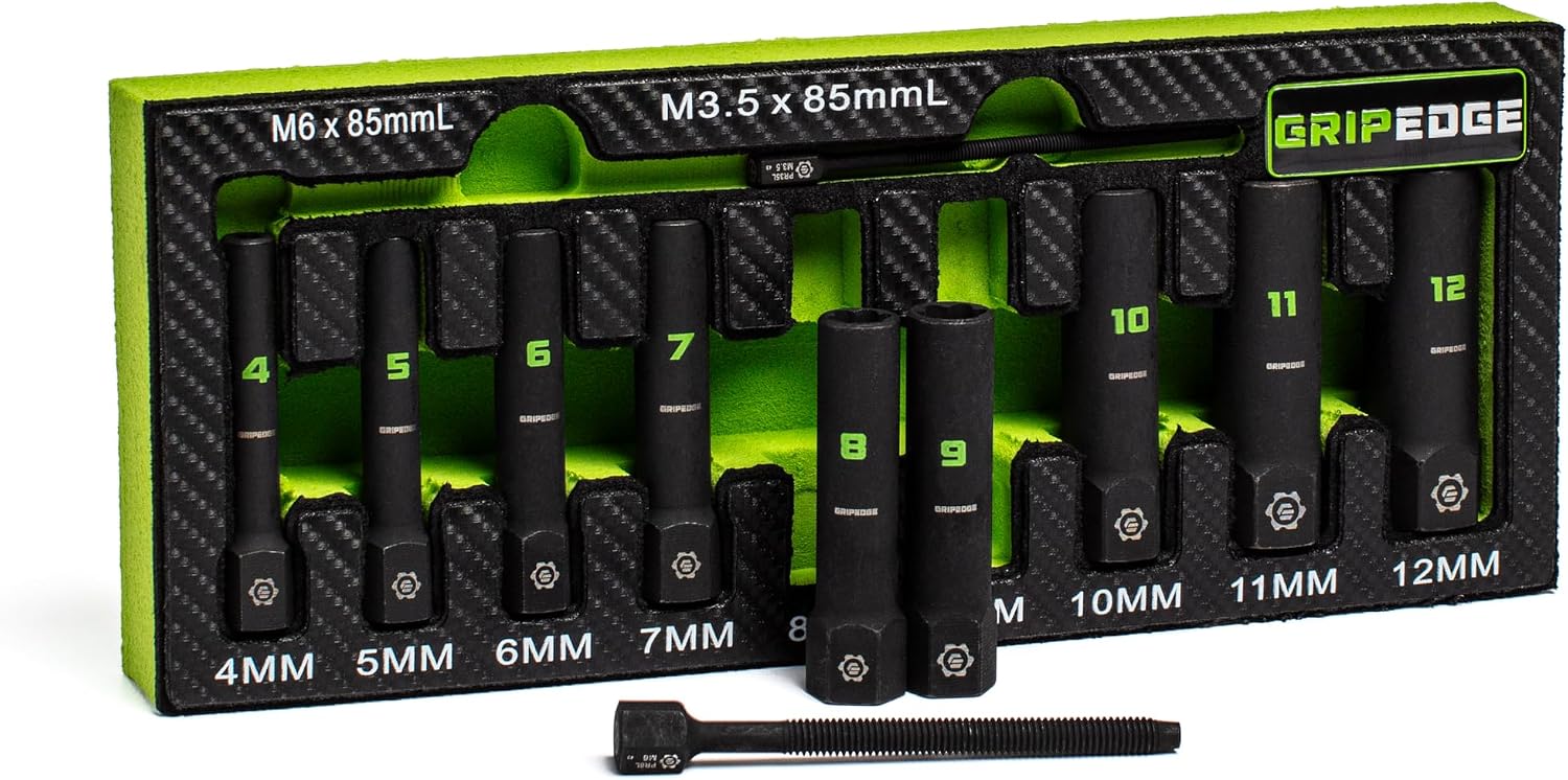 GRIPEDGE Tools | 9-PC - 1/4'' Drive Deep Metric RPT Socket Extractor Set | Sizes 4 – 12 MM | Removes Broken Studs, Stripped Bolts and Lug Nuts | Includes Premium EVA Foam Storage|