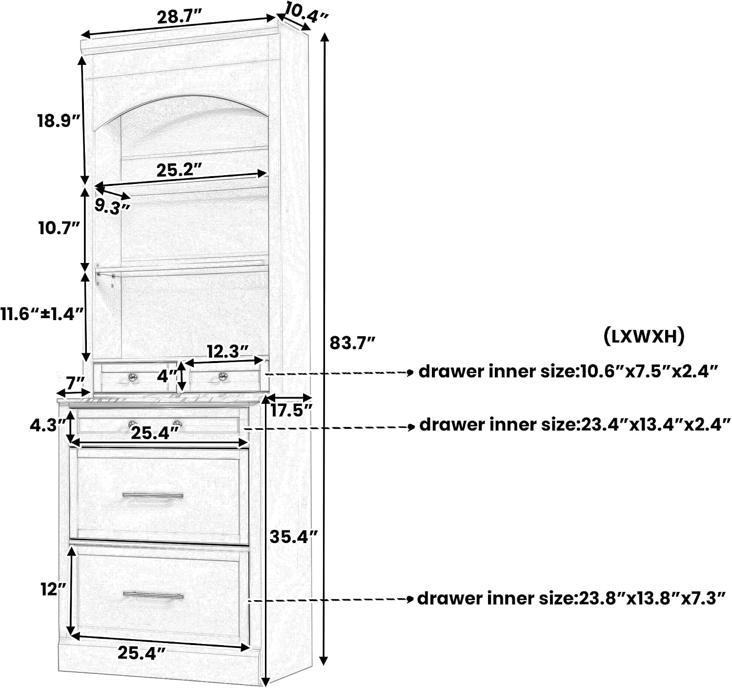 84' Freestanding Storage Cabinet with 5 Drawers, Kitchen Storage Bakers Rack with Faux Marble Top, Utility Food Cupboard with Adjustable Shelf for Kitchen Dining Room, White