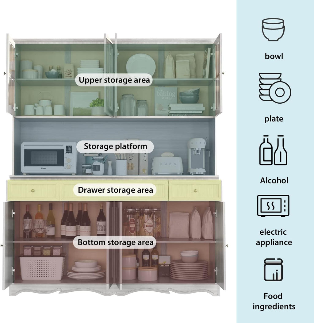 FUFU&GAGA 74.8' Tall Kitchen Pantry Cabinet with 5 Tiers Shelf, 8 Doors & 3 Drawers & Microwave Stand, Freestanding Hutch Cabinet with Buffet Cupboard for Kitchen, Dinningroom