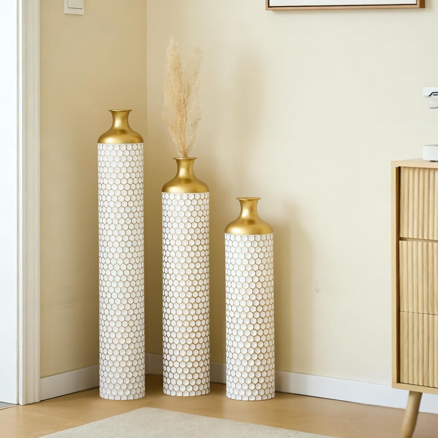 Modern White Droplet Floor Vase Set of 3 - Large Glazed Metal Floor Vases for Home Decor, Living Room & Entryway Decorations (White - 33.4'/ 28.7'/ 24.4' Height)