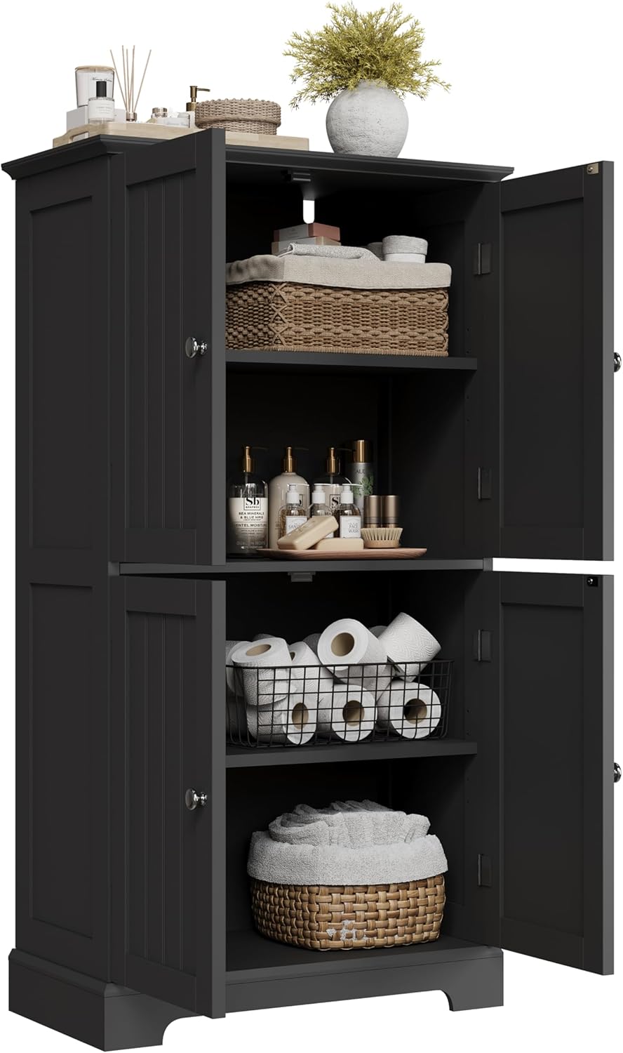 ChooChoo Bathroom Floor Cabinet, Modern Bathroom Storage Cabinet with 4 Doors and Adjustable Shelves, Freestanding Cupboard for Living Room, Kitchen Pantry, Black