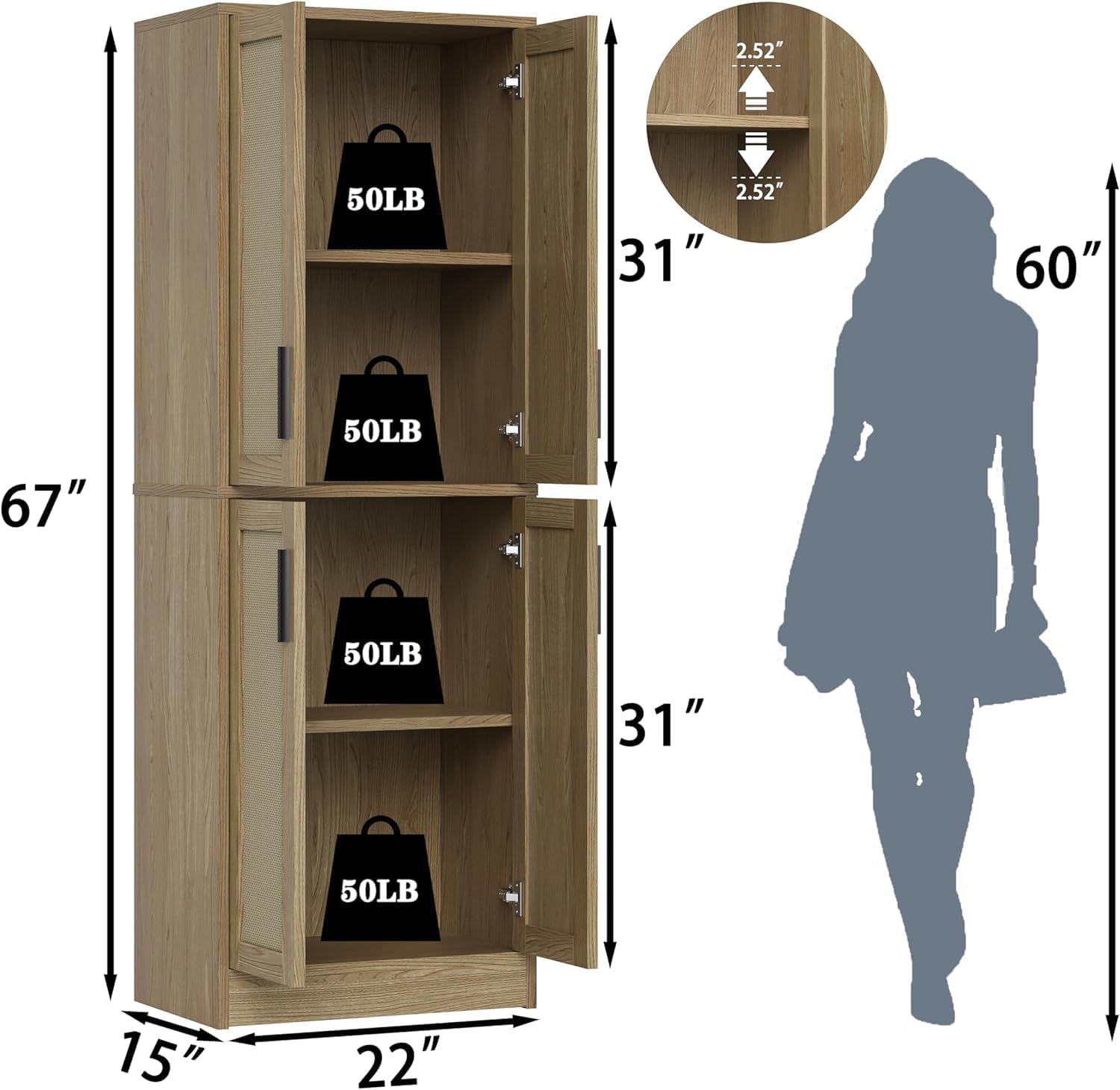 Pantry Cabinet - Tall Kitchen Pantry Storage Cabinet with 4 Rattan Doors and Adjustable Shelves, Wood Cupboard for Kitchen, Dining Room, Bathroom, Hallway, Laundry Room, Living Room