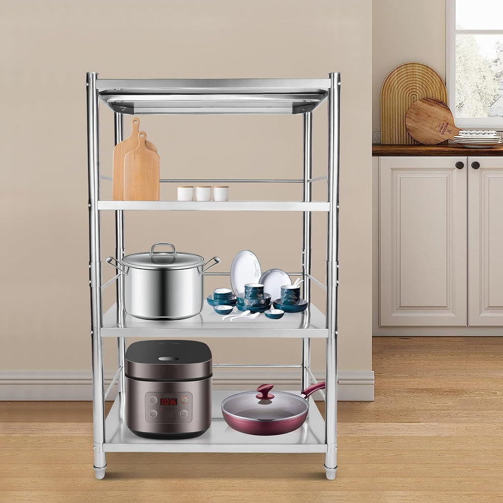 4-Tier Stainless Steel Shelving, Adjustable Height Stainless Steel Storage Shelf, Adjustable Shelf Storage Unit Heavy Duty Shelving for Kitchen Commercial Office Garage Storage, Load 200lb Per Shelf