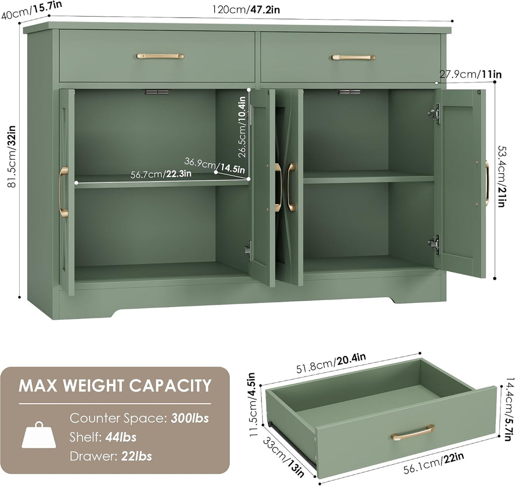 HOSTACK Buffet Cabinet with Storage, 47.2' Kitchen Sideboard Buffet with Drawers, Modern Farmhouse Coffee Bar Station with Shelves, Barn Doors Storage Cabinet for Living Room, Green