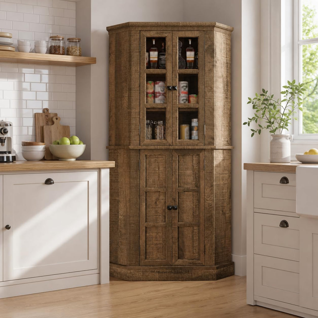 Betterhood Corner Cabinet, 67' Tall Kitchen Pantry Storage Cabinet with Glass Doors and Adjustable Shelves, Freestanding Food Pantry Farmhouse Furniture for Kitchen,Living Room, Rustic Brown