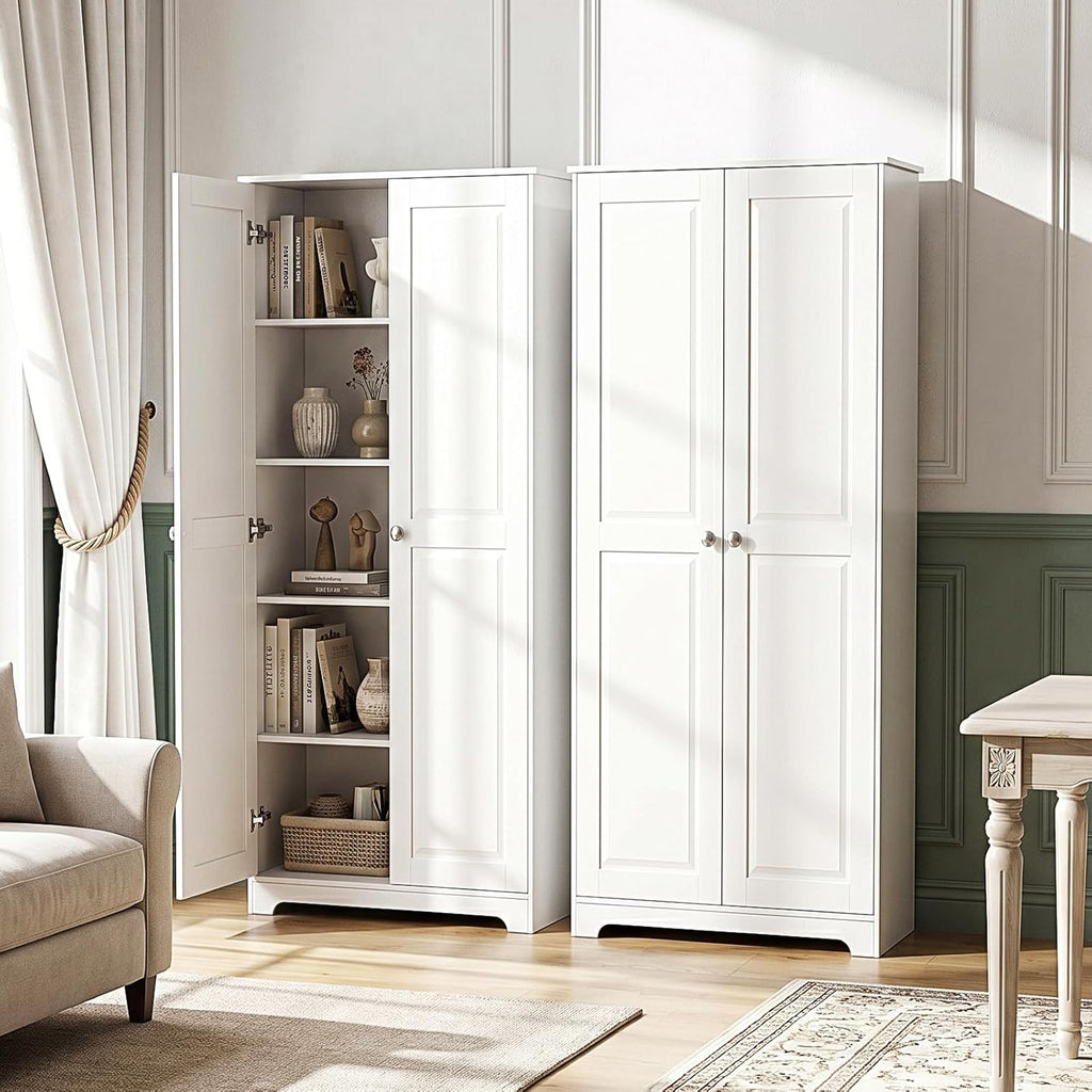 VINGLI 72' Tall Pantry Cabinet, Kitchen Pantry Storage Cabinet with 2 Doors & Adjustable Shelves, Freestanding Food Storage Cupboard for Kitchen, Dining Room, Utility Room, White